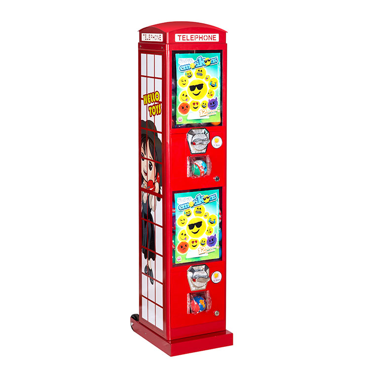 Popcorn Vending Machine - ตู้จำหน่ายของเล่นแคปซูลอะคริลิคโลหะ ดีไซน์ตู้โทรศัพท์สีแดง ทนทานสำหรับใช้งานกลางแจ้ง ความจุ 200-300 ชิ้น
